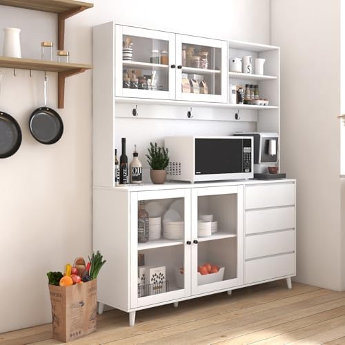 KEIKI 75" H x 63" W Kitchen Pantry Storage Cabinet with Countertop, Glass Doors, Drawers, Microwave Stand and Shelves, Tall Freestanding Wood Hutch Food Pantries Cupboard for Coffee Bar, Dining Room