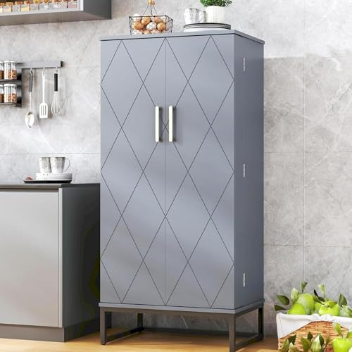 kepptory 51" Pantry Cabinet with Diamond-Patterned Doors and Golden Handles, Freestanding Kitchen Storage Cabinet with 17 Shelves, Tall Metal Base, Adjustable Feet, Grey