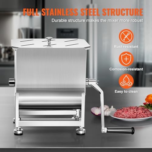 VEVOR Manual Meat Mixer, 10L Fixed Tank – Heavy Duty Stainless Steel Hand Mixer for Ground Beef & Sausage, Max 15lb Mixing Meat Capacity, with Lid Handle
