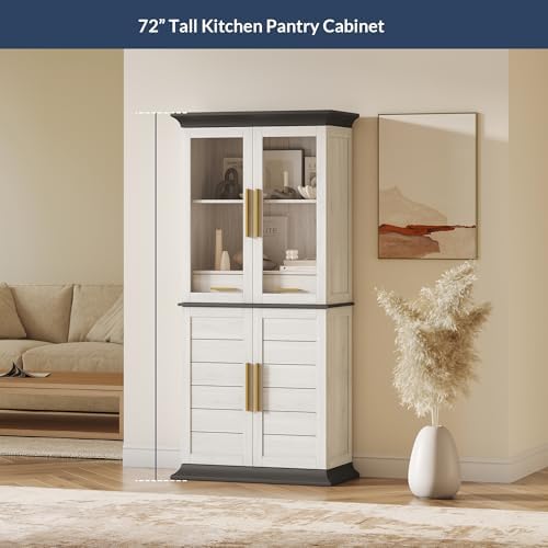 BELLEZE 72" Tall Kitchen Pantry, Large Storage Cabinet with Doors and Shelves, 2 Built-in Drawers, Freestanding Hutch Cabinet with Storage for Kitchen,Dining Room and Living Room (White)