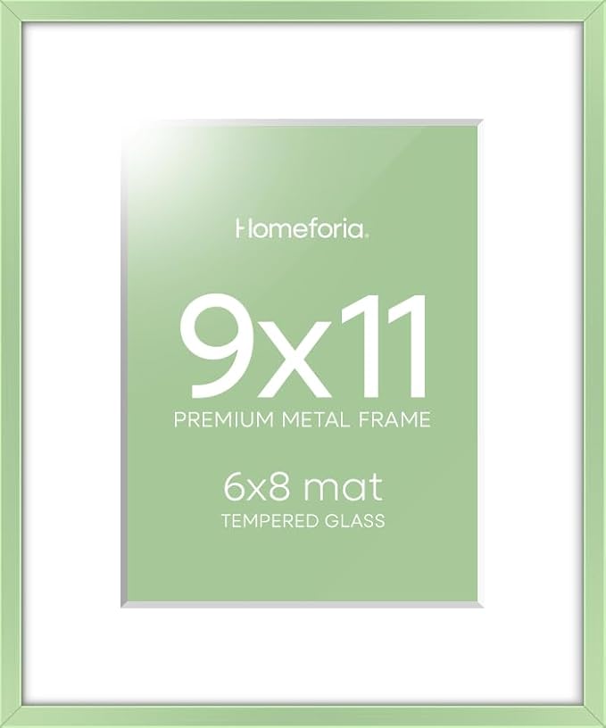 Homeforia 9x11 Sage Green Frame, High End Metal 9 x 11 Picture Frames with Mat 6 by 8 inch Photo, 9by11 Poster Frame Matted to 6x8 Art, 11x9 Wall or Tabletop Frames, Tempered Glass, Wall Kit, Set of 1