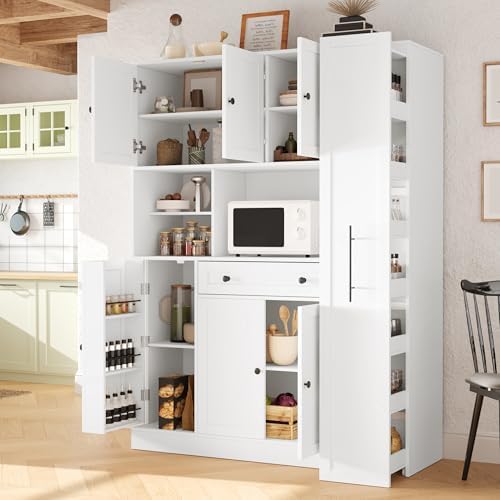 Ball & Cast 70" Farmhouse Kitchen Pantry Cabinet with Hutch, Large Buffet Cabinet with 7-Tier Pull-Out Side Storage, 6 Doors, Drawer, Adjustable Shelves, Freestanding Coffee Bar & Cupboard, White