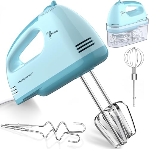 LILPARTNER Electric Hand Mixer with Storage Box, Ultra Power Kitchen Hand Mixer With 7-Speed & 5 Stainless Steel Accessories for Whipping Dough, Cream, Cake, Dishwasher Safe, LIGHT BLUE BOX