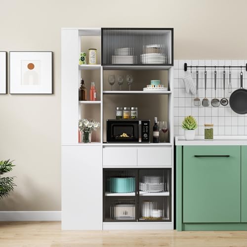 KEIKI 70.87" Tall Kitchen Pantry Storage Cabinet with 5 Drawers, Side Shelves, Glass Doors & Microwave Stand, Freestanding Wood Hutch Food Pantries Cupboard Organizer for Entrance Dining Room, Hallway