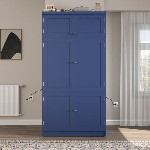 Merax 80" Tall Kitchen Pantry Cabinet with 2 Power Outlets, 41" W Modern Large Freestanding Cupboard with Microwave Stand, Drawers, Adjustable Shelves, Wine Racks & Door-Shelf for Dinner Room, Blue