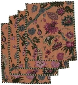 Cotton Block Print Quilted Reversible Placemats with Napkins, Floral Design, Dining Table Decor for Everyday Use, Set of 4 (Teal/Orange)