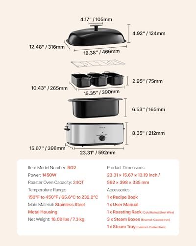 VEVOR Roaster Oven, 24QT Electric Turkey Roaster Oven, 150-450℉ Adjustable Temperature Electric Roasting Pan with 3 Bin Buffet Server, Self-Basting Lid, Defrost & Warm Function, Self-Basting Lid
