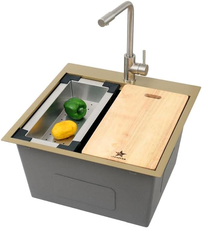 STARSTAR Workstation Ledge Topmount/Drop-in Single Bowl Satin Matte 304 Stainless Steel Kitchen/Yard/Bar/Laundry/Office Sink, With Grid, Colander, Cutting Board, Strainer (22x22x12 Gold)