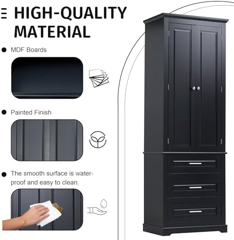 Merax 70" Pantry Cabinet with Two Doors & Three Drawer, Adjustable Shelves Storage Cupboard for Kitchen/Dining Room/Bathroom, Black