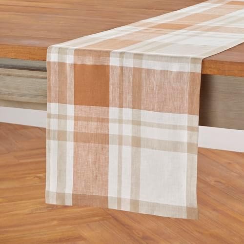 Solino Home 100% Pure Linen Table Runner Fall Harvest Plaid, 14 x 72 in