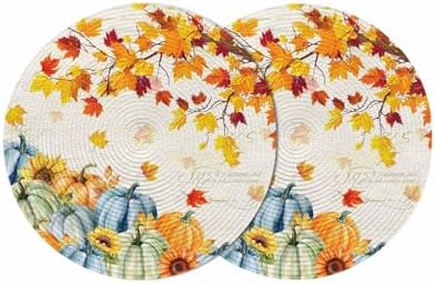 Fall Round Placemats Set of 2 Thanksgiving Autumn Maple Leaves Place Mats Woven Placemat Sunflower Orange Blue Green Pumpkin Circle Braided Table Mat for Kitchen Holiday Party Fall Decor 15 Inch