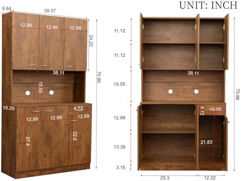KEIKI 70.87" Tall Kitchen Pantry Storage Cabinet with Countertop, 6-Doors, 1 Drawers, Microwave Stand and Shelves, Freestanding Wood Hutch Food Pantries Cupboard for Coffee Bar, Dining Room