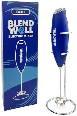 BlendWell Electric Milk Frother for Matcha and Coffee, Handheld Battery Operated Drink Mixer with Stand, Stainless Steel Whisk, Blue