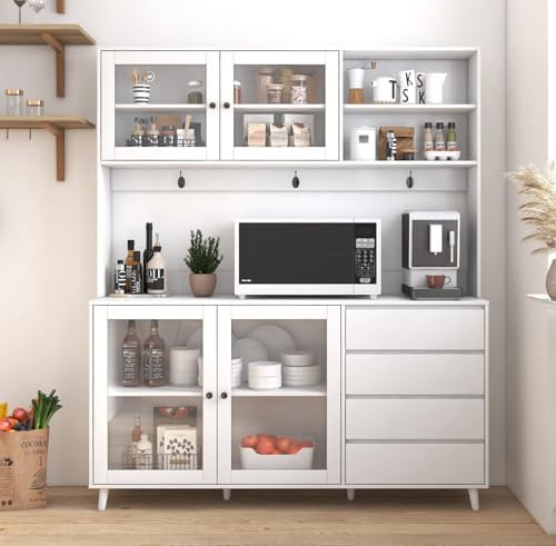 KEIKI 75" H x 63" W Kitchen Pantry Storage Cabinet with Countertop, Glass Doors, Drawers, Microwave Stand and Shelves, Tall Freestanding Wood Hutch Food Pantries Cupboard for Coffee Bar, Dining Room