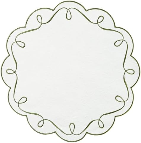 16.5 Inch Ribbon Twirl Embroidery Round Placemats Set of 4, Scalloped Round Table Mats for Party Kitchen Dining Decoration, Green