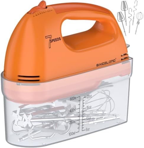 BAIGELONG Hand Mixer. 7-Speed Adjustable Kitchen Electric Mixer. With 5 Stainless Steel Attachments: 2 Hooks, 2 Beaters, 1 Whisk. Comes 1 Storage Box. Perfect for Bakers and New Starters, Orange