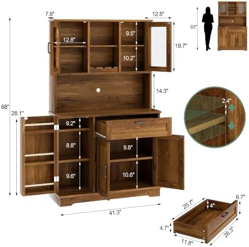 Shintenchi 68" Kitchen Pantry Storage Cabinet, with Microwave Stand, Brown