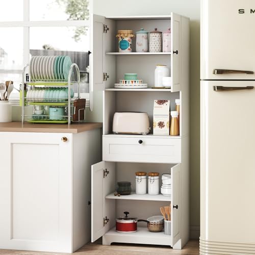 GIANTEX Kitchen Pantry Cabinet, 67.5" Tall Floor Storage Cabinet w/4 Doors & 1 Drawer, Modern Freestanding Bathroom Organizer w/Open Countertop & Adjustable Shelf for Dining Room, Living Room (White)