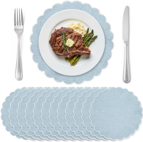 Set of 12 Gray Blue Cotton Placemats 15" Round Scalloped White
