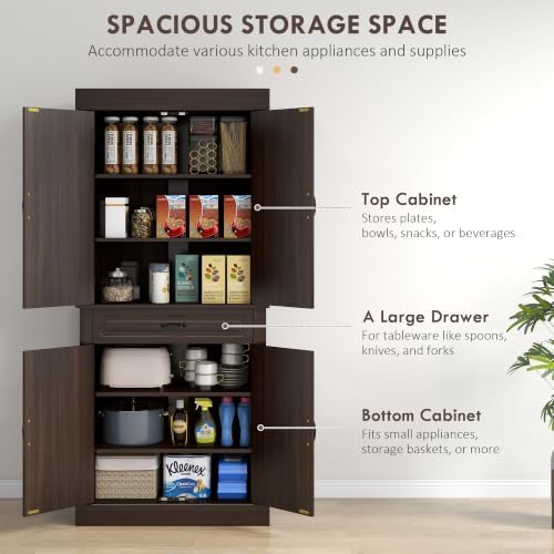 HOMCOM 71" Freestanding Kitchen Pantry Cabinet 4 Doors Coffee