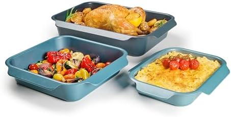 Joseph Joseph Nest Bakeware and Roasting Pan Set of 3, Stackable Oven Trays, Carbon Steel Baking Pans with Non-Stick Coating, Easy-Pull Handles, Organized Kitchen Storage