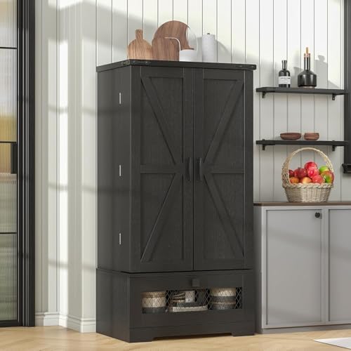 kepptory Farmhouse Pantry Cabinet with Barn Door & Adjustable Shelves, Freestanding Kitchen Storage Cabinet for Dining Room, Bathroom, Hallway (Black)