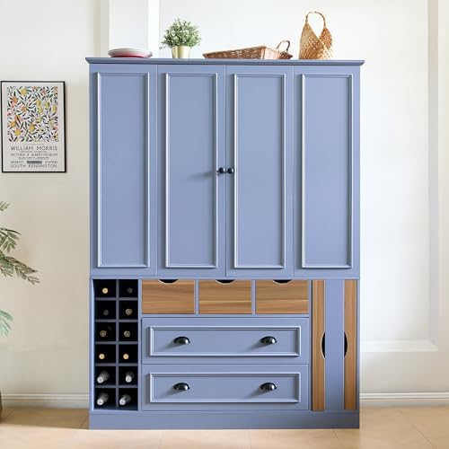 Merax Farmhouse 71" Large Kitchen Pantry Cabinet with Power Outlet, 53.2" Wide Storage Cupboard with 4 Foldable Doors, Adjustable Shelves, Wine Racks & Serving Trays, for Dining Room, Blue-Gray