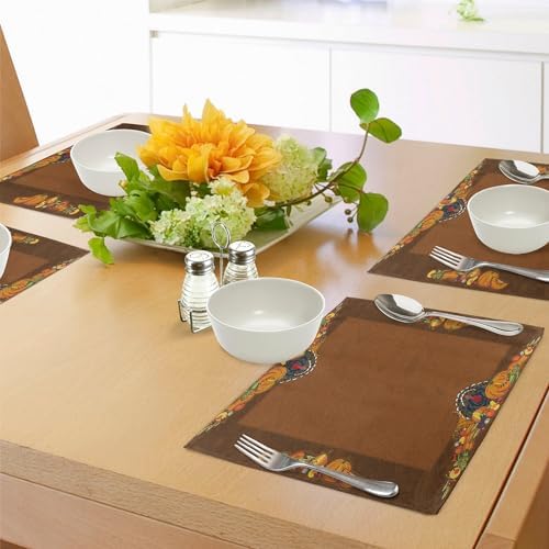 Ambesonne Thanksgiving Place Mats Set of 8, Basket Harvest Pumpkin Turkey Apple Pie Fruit Vegetables Desert Dinner, Washable Fabric Placemats for Dining Table, Placemat 8 pcs, Cinnamon Marigold