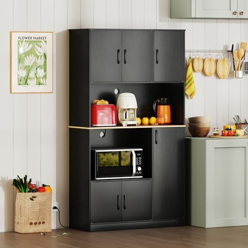 Giantex Kitchen Pantry Cabinet, 71” Tall Kitchen Hutch with Power Outlet, Wooden Microwave Stand with Large Countertop & 4 Storage Cabinets, Modern Cupboard for Kitchen, Dining Room, Coffee Bar, Black