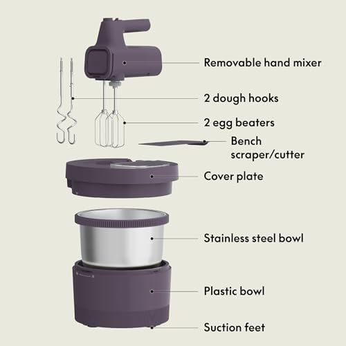 bella 3.5 Qt Hand & Stand Mixer, 2 in 1 Electric Mixer with Bowl, Plum