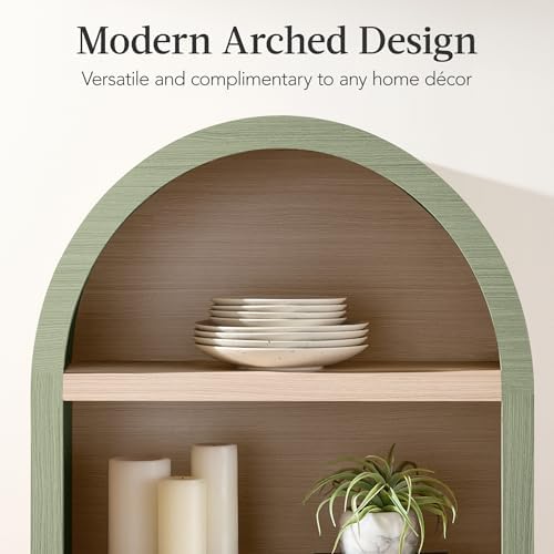 Best Choice Products 72" Tall Arched Pantry Cabinet w/Reeded Doors, 5-Tier Bookshelf, Armoire, Hutch, Bookcase, Storage Cabinet w/Adjustable Shelves, for Dining Room and Livingroom - Sage