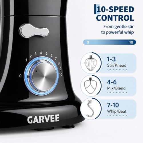 Garvee 5.3 QT Tilt-Head Stand Mixer, 500W Motor, 10-Speed Electric Kitchen Mixer with Stainless Steel Bowl, Dough Hook, Flat Beater & Wire Whisk for Bread Dough, Cake, Cookies & Pizza, Black