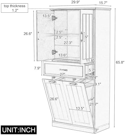 Merax 65.8" Pantry Cabinet with Two Doors & One Drawer & Two Laundry Hampers, Adjustable Shelves Storage Cupboard for Kitchen/Dining Room/Bathroom, Black