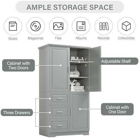 Merax 62.2" Pantry Cabinet with Three Doors & Three Drawers, Adjustable Shelves Storage Cupboard for Kitchen/Dining Room/Bathroom, Gray