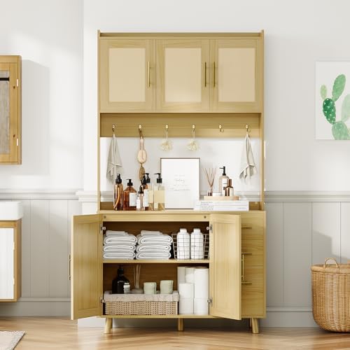 Garvee Rattan Pantry Cabinet, 71 in Kitchen Pantry with Microwave Stand, Freestanding Hutch with Drawers, Doors and Hooks, Boho Storage Cabinet for Dining Room, Kitchen, Living Room, Natural