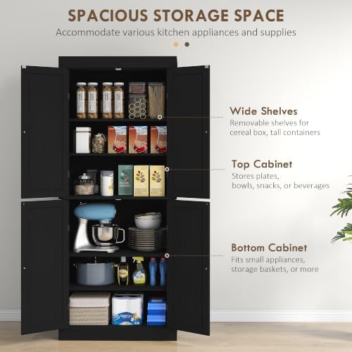 HOMCOM 72.5" Tall Kitchen Pantry Cabinet 4 Doors Modern Black Wood Grain