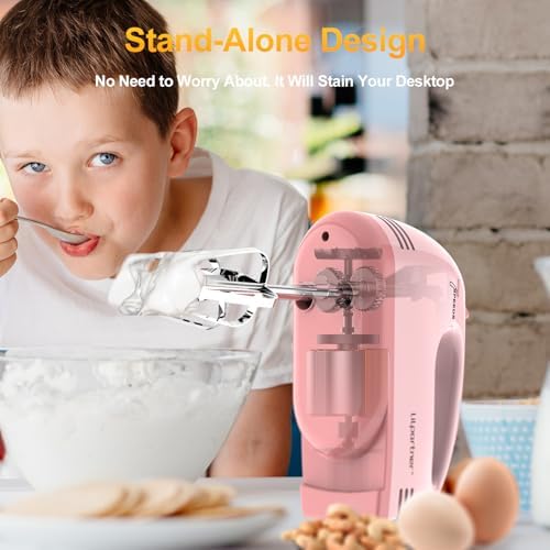 LILPARTNER Electric Hand Mixer with Storage Box, Ultra Power Kitchen Hand Mixer With 7-Speed & 5 Stainless Steel Accessories for Whipping Dough, Cream, Cake, Dishwasher Safe, LIGHT PINK BOX