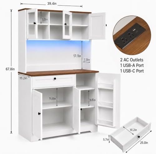 Tall Kitchen Pantry Cabinet with Countertop, 39.4" W Kitchen Hutch with Storage, Farmhouse Kitchen Cabinet Coffee Bar Cabinet with Power Outlets, Drawer, Door Racks, Adjustable Shelves, RGB LED Lights
