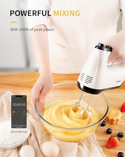 SHARDOR Hand Mixer Electric, 6 Speed & Turbo Mixer Electric Handheld, Snap-On Storage Case,5 Stainless Steel Accessories for Whipping, Mixing Cookies, Brownie, Cakes, Dough Batters, White
