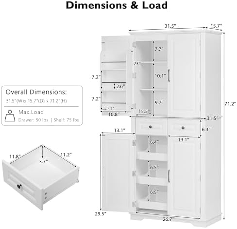 Merax 71" Tall Farmhouse Pantry Cabinet with Pull-Out Shelves, White