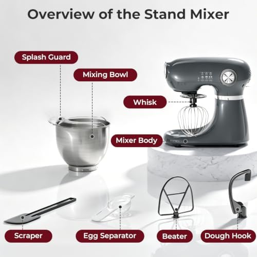 Electactic 5.3 Quart Electric Stand Mixer With 12 Speed, Low Noise, Grey