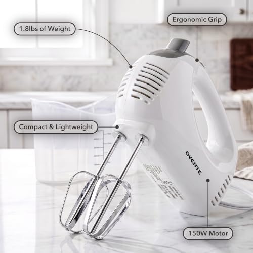OVENTE 5-Speed Electric Hand Mixer with Storage Case, White HM151W