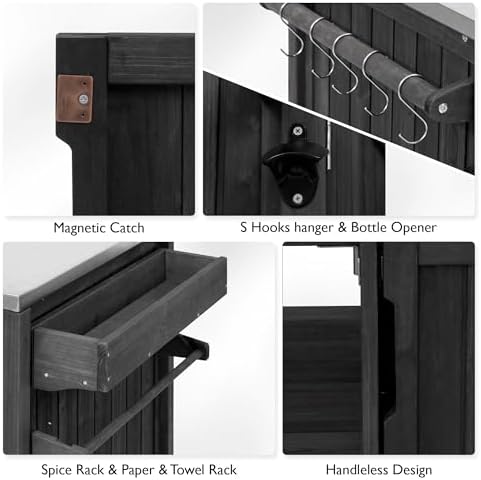 Merax 66.5" Outdoor Kitchen Island for Big Green Egg, Grill Cart with Stainless Steel Top, Solid Wood Grill Table with Storage Cabinet & Wheels, Compatible with Kamado Joe