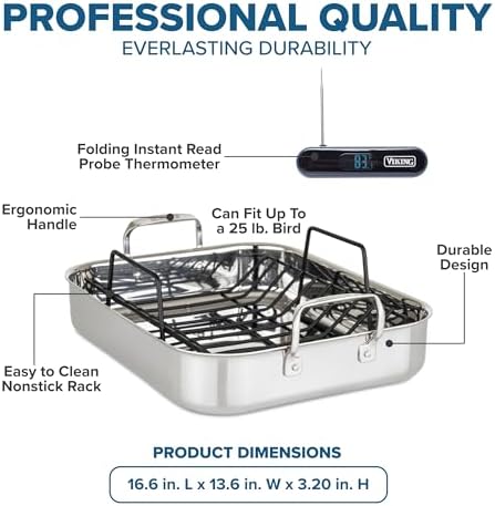 Viking 3-Ply Stainless Steel Roasting Pan with Non Stick Rack, 16 x 13 Inch Kitchen Cookware, Great for Turkey, Includes Probe Thermometer, Dishwasher and Oven Safe, Induction Ready, Silver