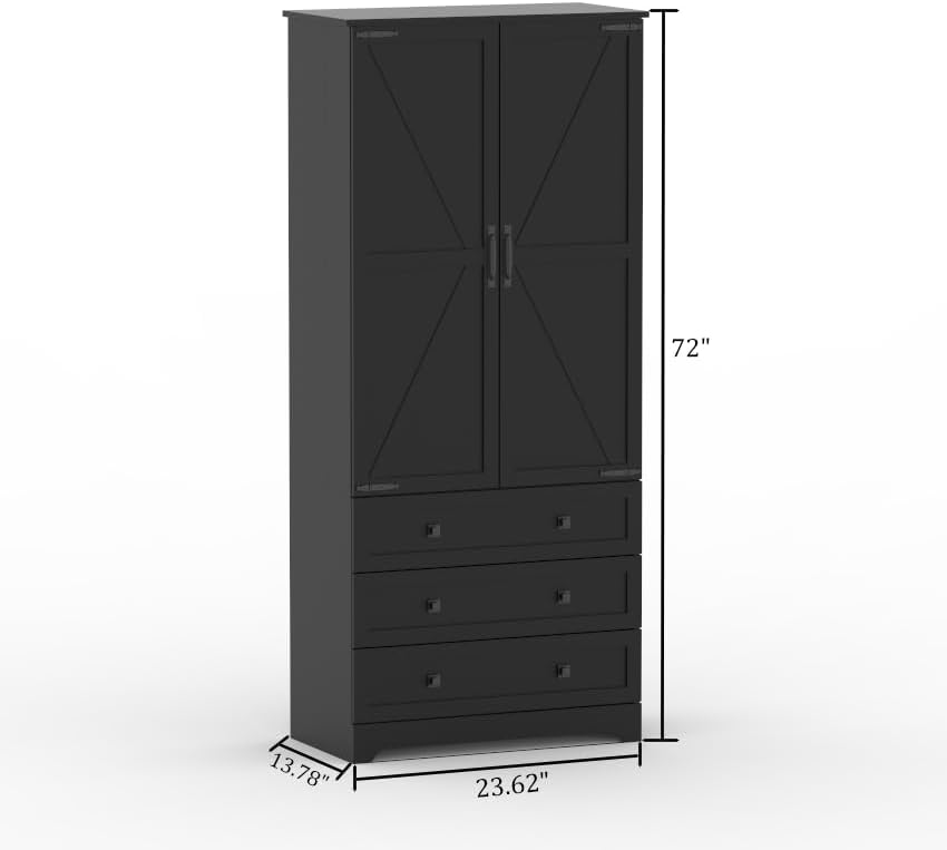 IDEALHOUSE Farmhouse Kitchen Pantry Cabinet - 72" Tall Large Wood Kitchen Storage Cabinets with Adjustable Shelves & 2 Barn Doors & 3 Drawer, Versatile Storage for Dining Room, Bathroom, Living Room