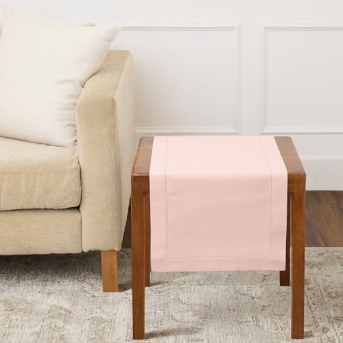 Solino Home Cotton Linen Table Runner Pink, Hemstitch Collection 14 x 36 in