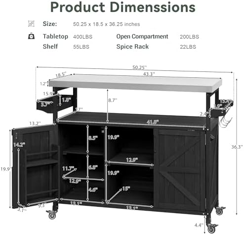 Merax 50" Outdoor Kitchen Grill Cart Island on Wheels with Stainless Steel Top,Farmhouse Style Solid Wood Frame Storage Cabinet for Party