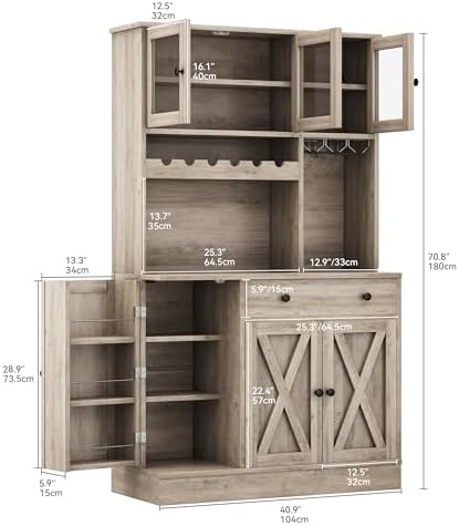 DWVO 71''H Pantry Cabinet with Drawer, Doors, Goblet Holder, Wine Rack for Storage, Pantry Cabinet with Power Outlet for Kitchen & Living Room (Grey Oak)