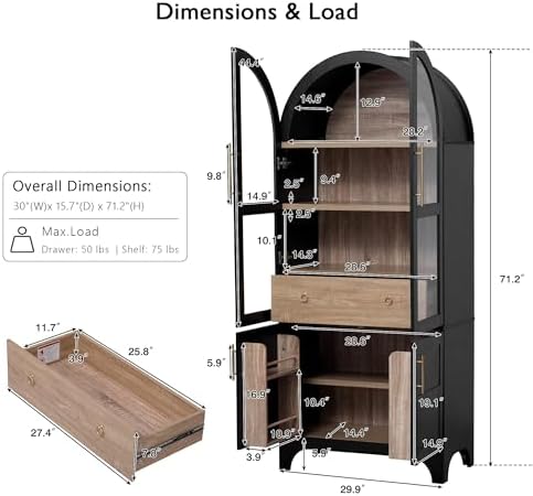 GDFStudio Mariah 71" Tall Arched Kitchen Pantry Cabinet with Hidden Drawer, Glass Door & Adjustable Shelves, Farmhouse Storage Cabinet Cupboard for Kitchen Dining Room, Home Pantry Storage, Black