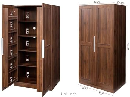 KEIKI 63" Tall Kitchen Pantry Storage Cabinet with Door-Side Rack & Shelves, Freestanding Wood Hutch Food Pantries Cupboard for Coffee Bar, Dining Room